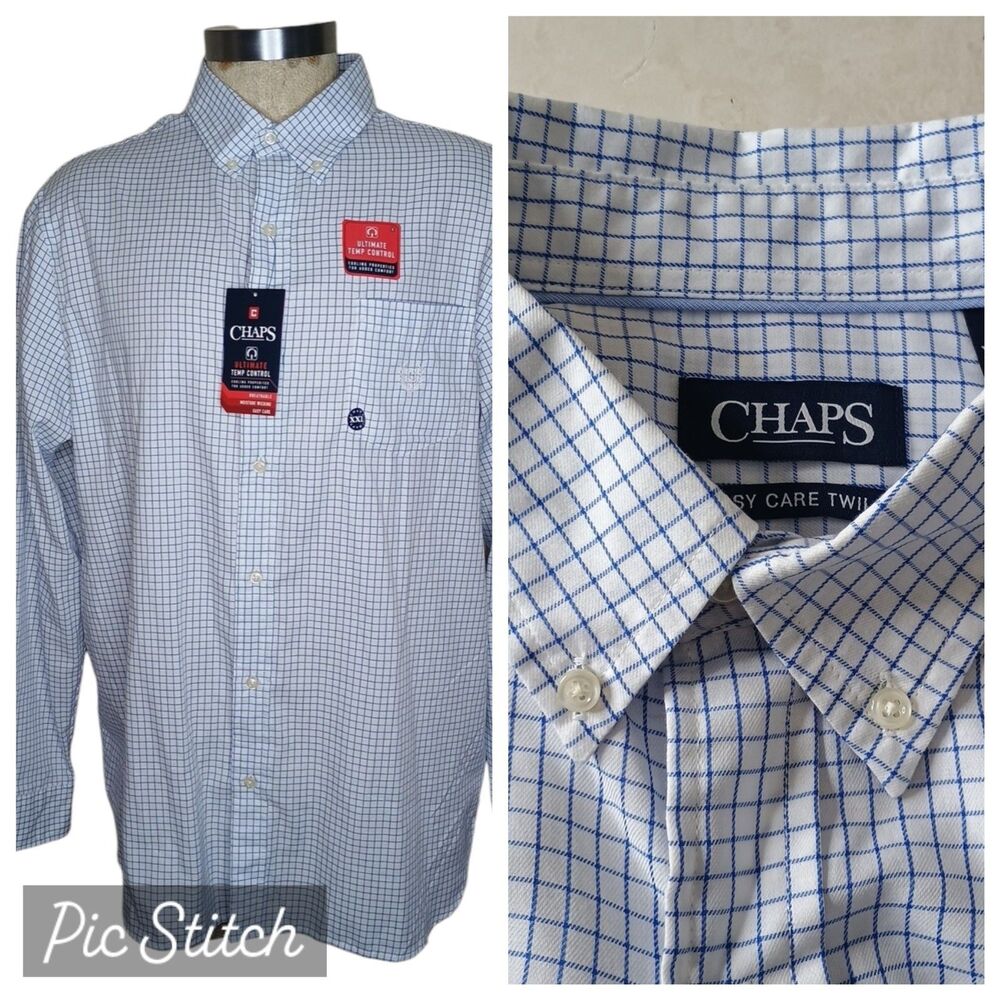 Chaps Shirt Mens XXL Stretch Easy Care Twill Blue Check Long Sleeve Button Down